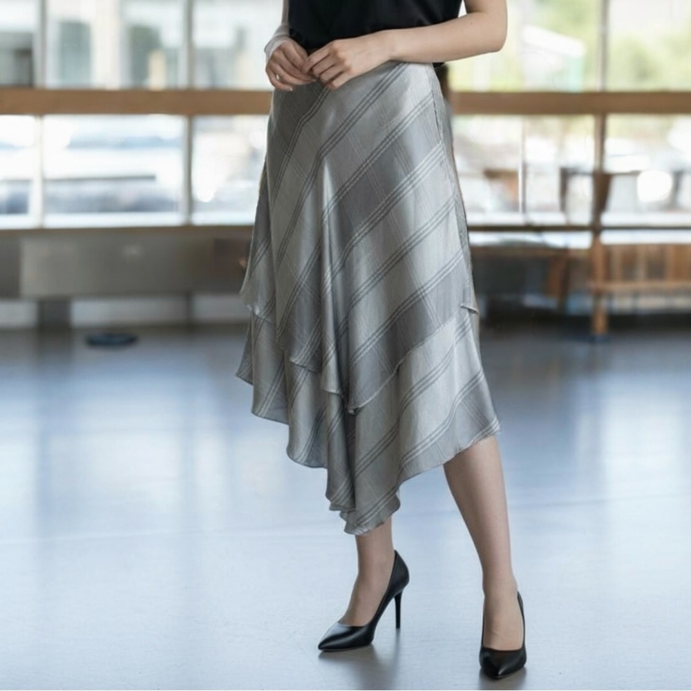 NWT LAUREN RALPH LAUREN Silk Plaid Grey Asymmetric Midi Skirt Size 16